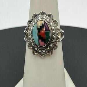 QT Quac Multi Gemstone Turquoise Sterling Silver Inlay Mosaic Navajo Ring Sz 7.5